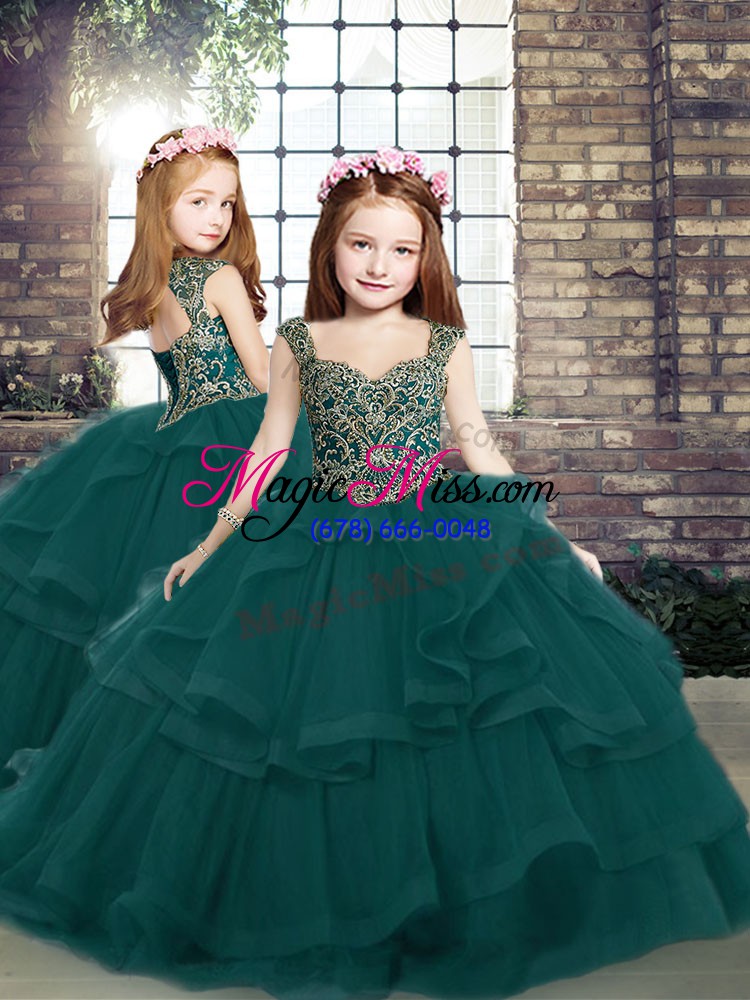 wholesale best beading and ruffles quinceanera gown peacock green lace up sleeveless floor length