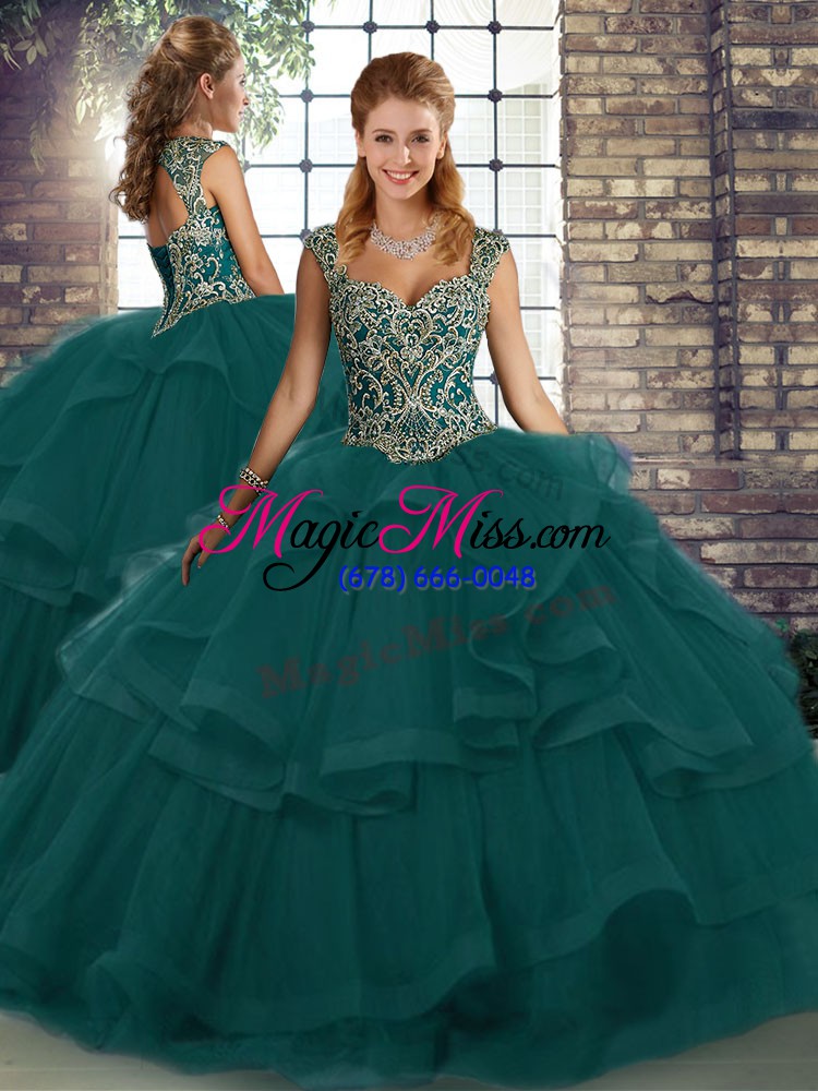 wholesale best beading and ruffles quinceanera gown peacock green lace up sleeveless floor length