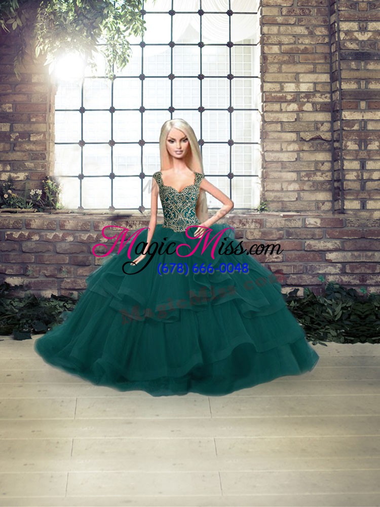 wholesale best beading and ruffles quinceanera gown peacock green lace up sleeveless floor length