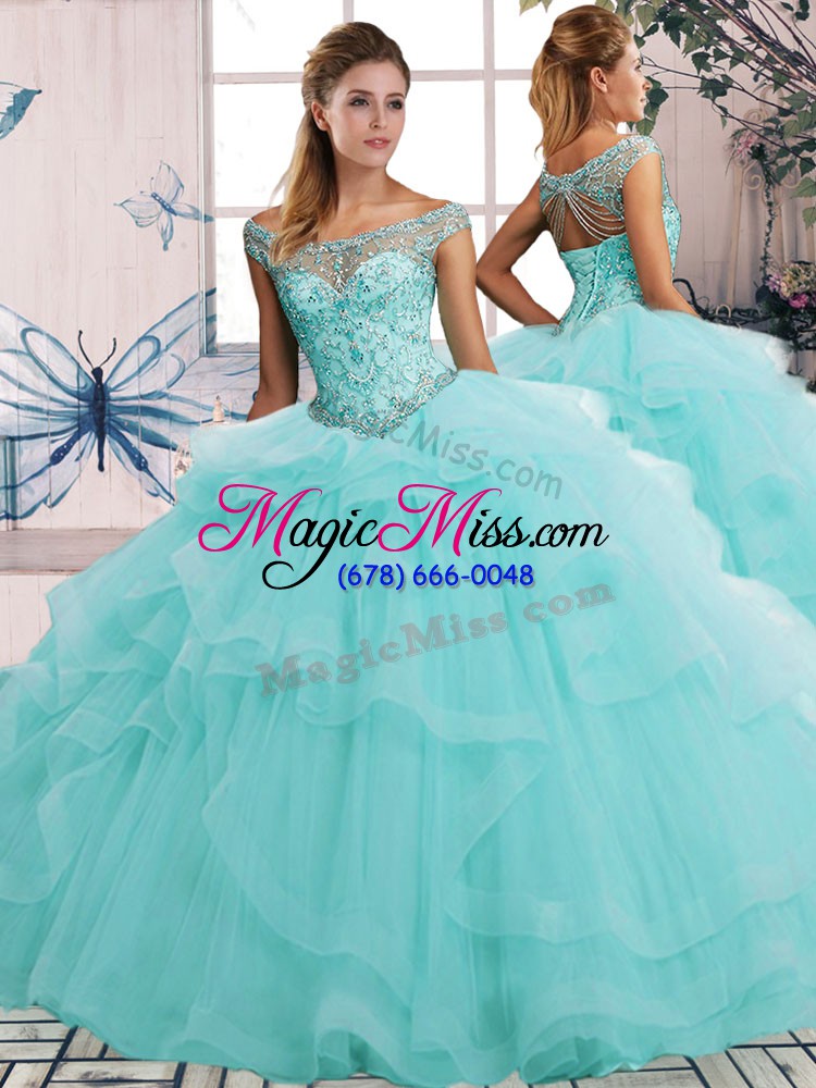 wholesale fancy off the shoulder sleeveless 15 quinceanera dress floor length beading and ruffles aqua blue tulle