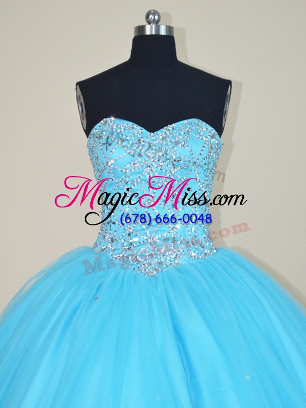 wholesale aqua blue sleeveless tulle lace up ball gown prom dress for sweet 16 and quinceanera