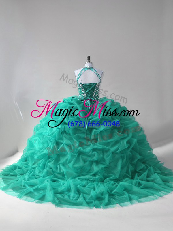 wholesale court train ball gowns vestidos de quinceanera turquoise halter top tulle sleeveless lace up