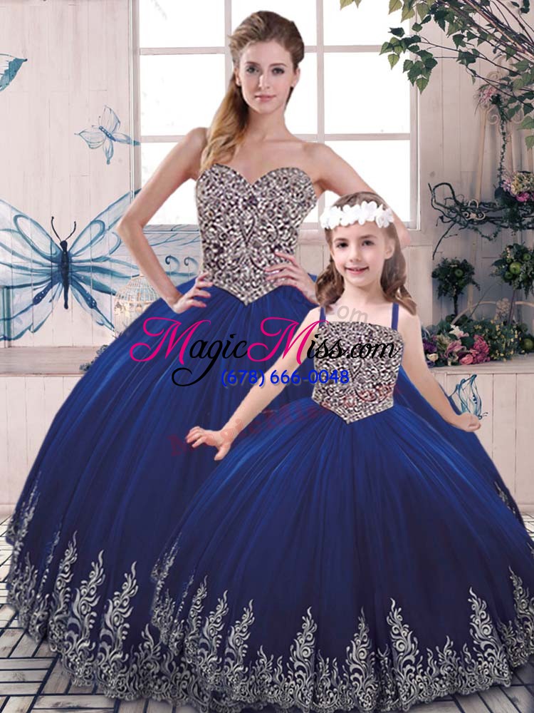 wholesale sleeveless tulle floor length lace up vestidos de quinceanera in royal blue with beading and appliques