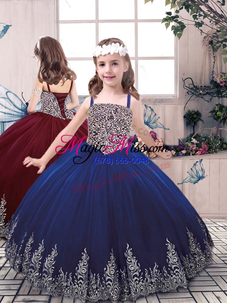 wholesale sleeveless tulle floor length lace up vestidos de quinceanera in royal blue with beading and appliques