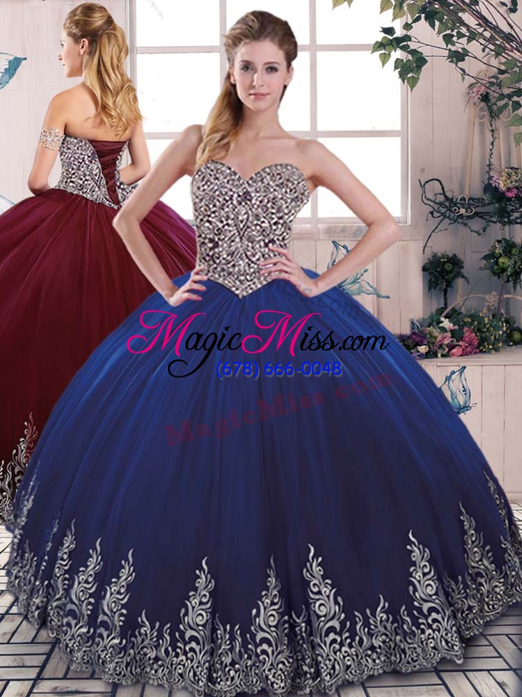 wholesale sleeveless tulle floor length lace up vestidos de quinceanera in royal blue with beading and appliques