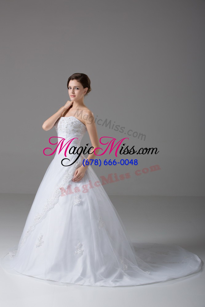 wholesale white tulle lace up strapless sleeveless wedding dresses brush train beading and lace