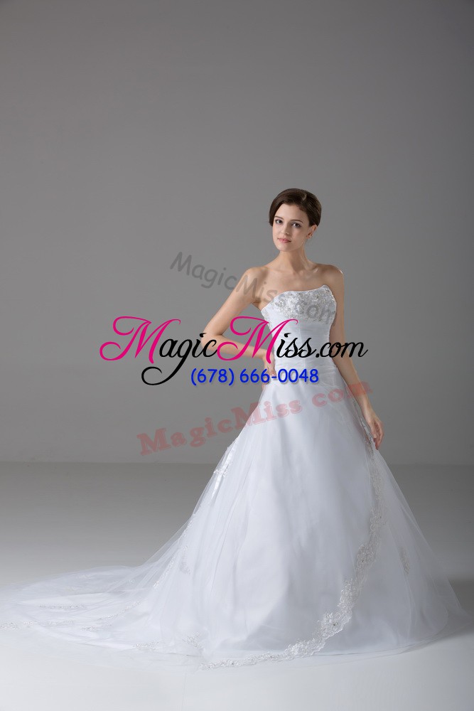 wholesale white tulle lace up strapless sleeveless wedding dresses brush train beading and lace