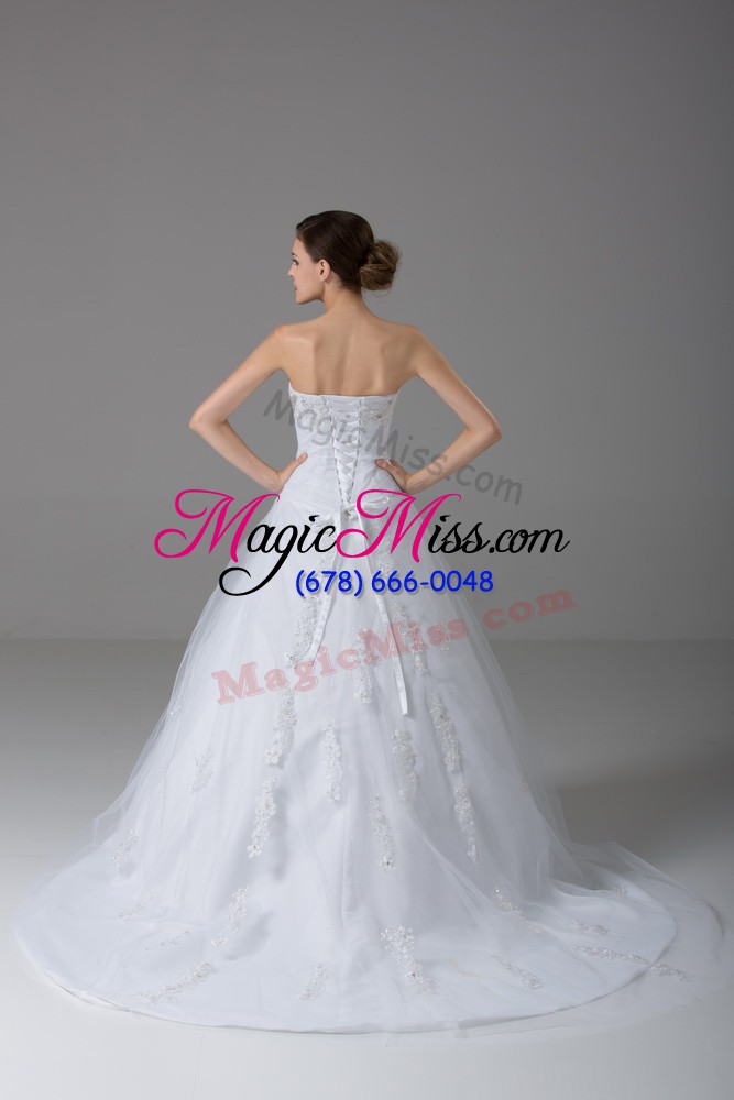 wholesale white tulle lace up strapless sleeveless wedding dresses brush train beading and lace