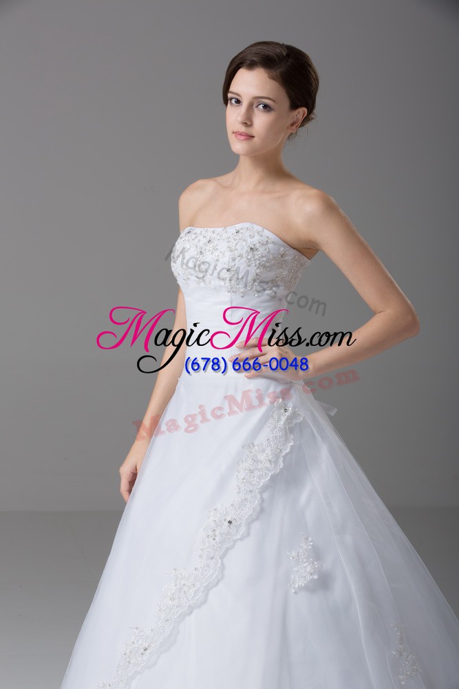 wholesale white tulle lace up strapless sleeveless wedding dresses brush train beading and lace