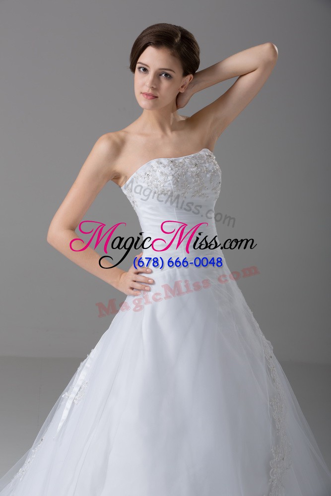 wholesale white tulle lace up strapless sleeveless wedding dresses brush train beading and lace