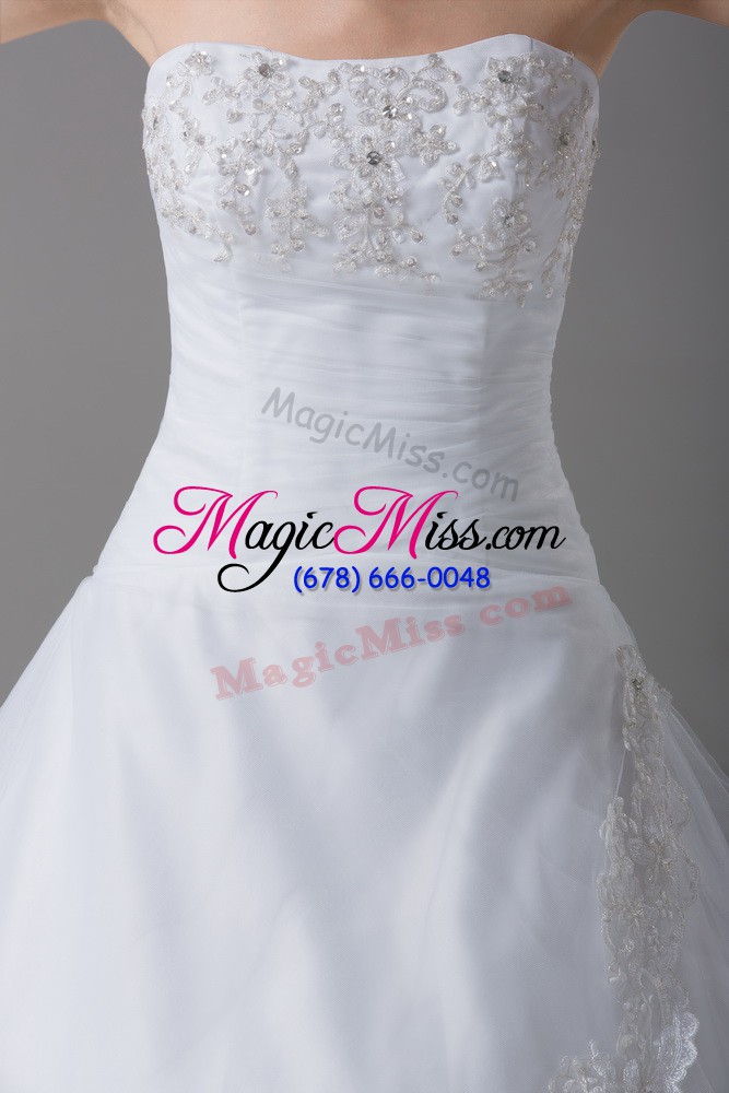 wholesale white tulle lace up strapless sleeveless wedding dresses brush train beading and lace