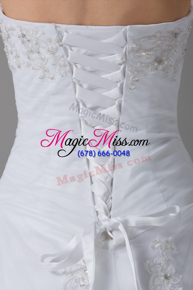 wholesale white tulle lace up strapless sleeveless wedding dresses brush train beading and lace