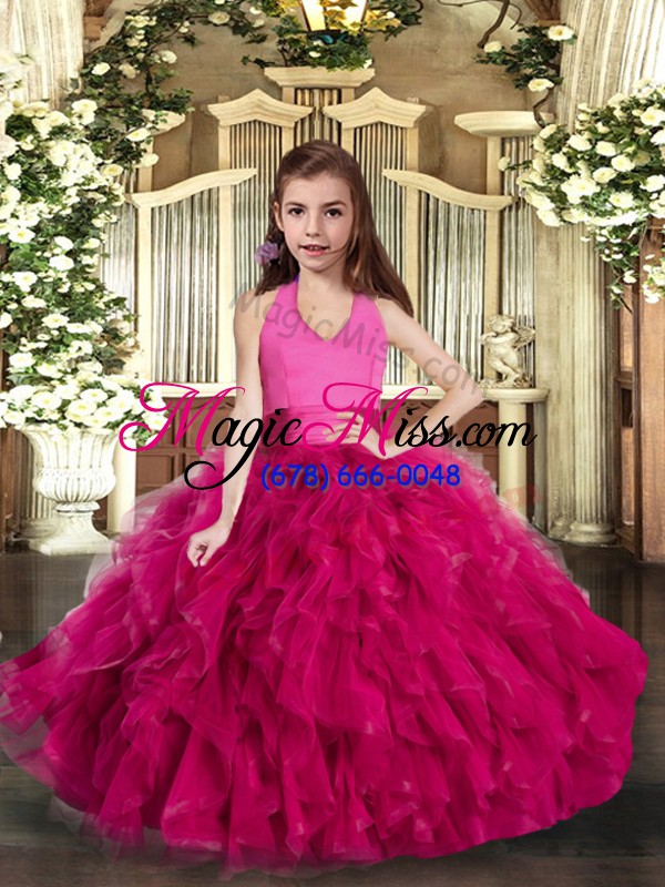 wholesale latest ball gowns child pageant dress fuchsia halter top tulle sleeveless floor length lace up