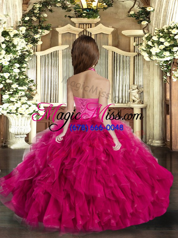 wholesale latest ball gowns child pageant dress fuchsia halter top tulle sleeveless floor length lace up