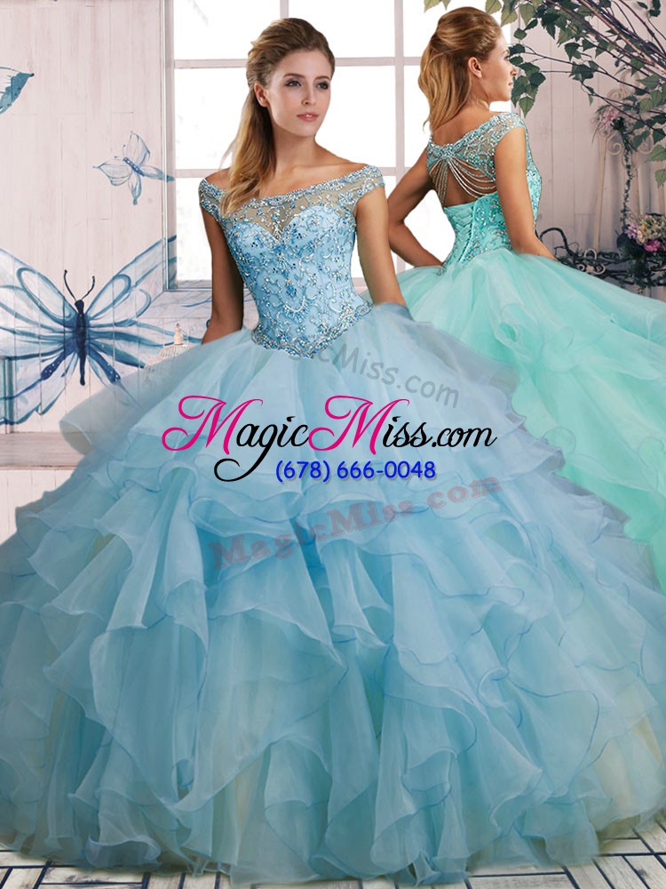 wholesale off the shoulder sleeveless quince ball gowns floor length beading and ruffles light blue organza