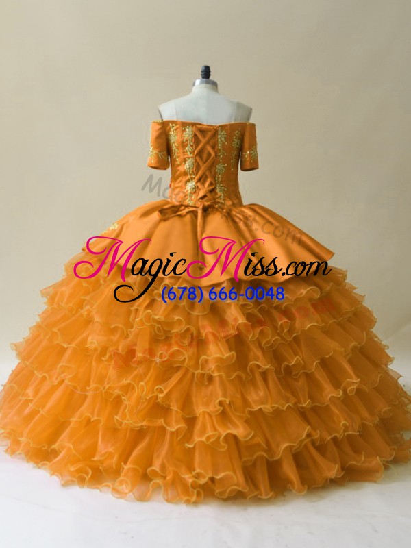 wholesale artistic gold ball gowns organza off the shoulder sleeveless embroidery and ruffled layers floor length lace up sweet 16 dress