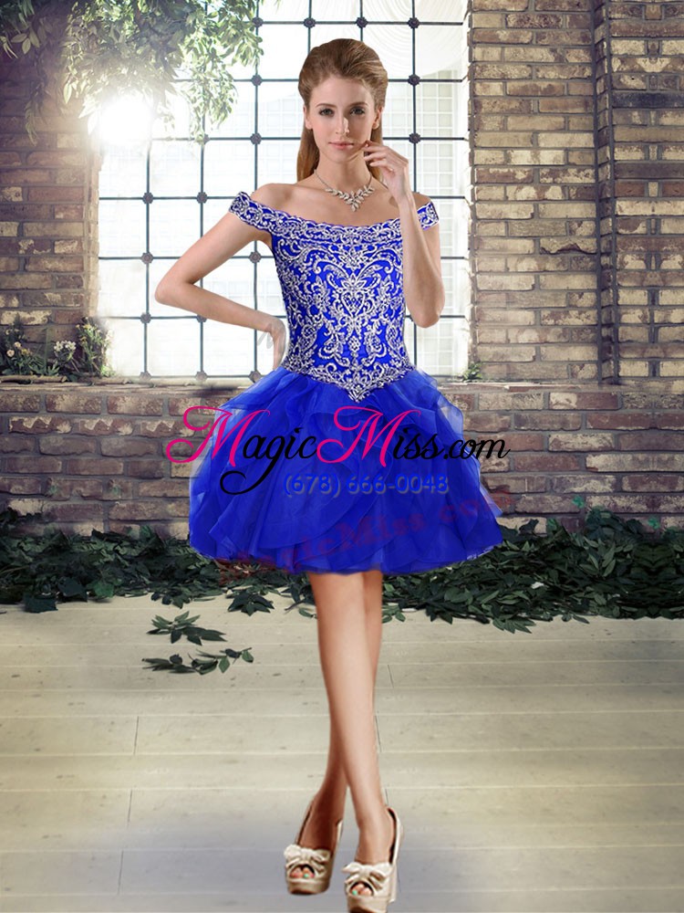 wholesale sleeveless beading and ruffles lace up vestidos de quinceanera with royal blue brush train