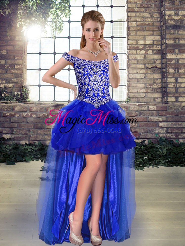 wholesale sleeveless beading and ruffles lace up vestidos de quinceanera with royal blue brush train