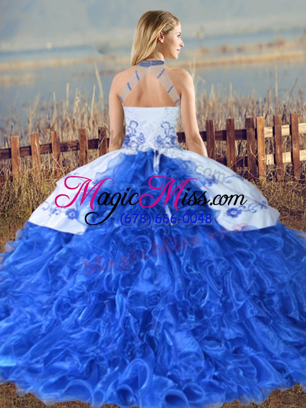 wholesale embroidery and ruffles 15th birthday dress baby blue lace up sleeveless court train