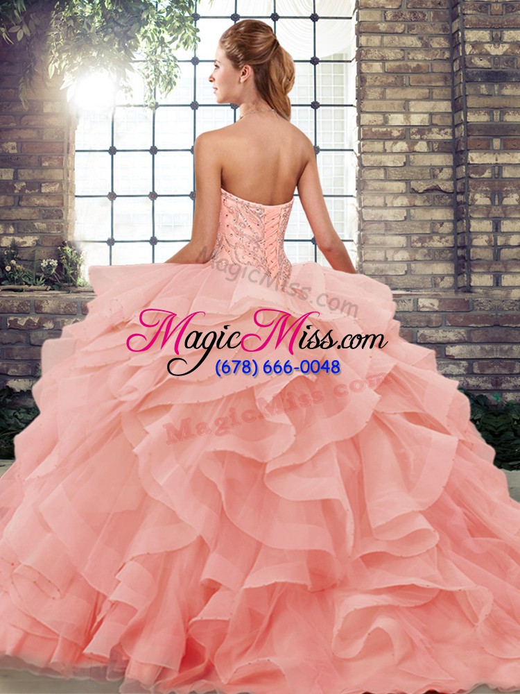 wholesale high quality peach ball gowns tulle sweetheart sleeveless beading and ruffles lace up sweet 16 dresses brush train