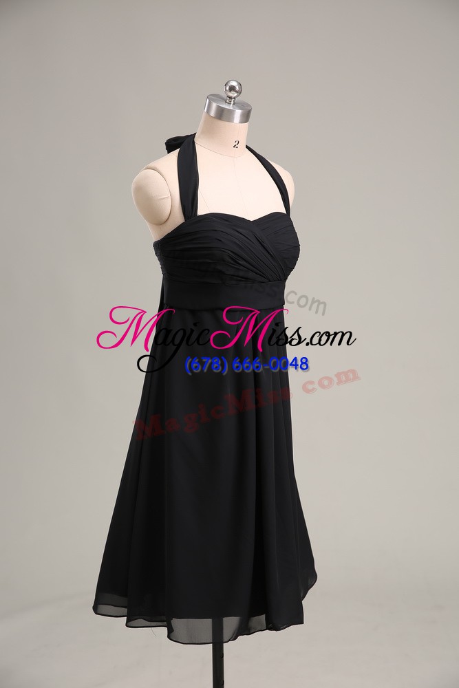 wholesale extravagant chiffon halter top sleeveless zipper ruching evening dress in black