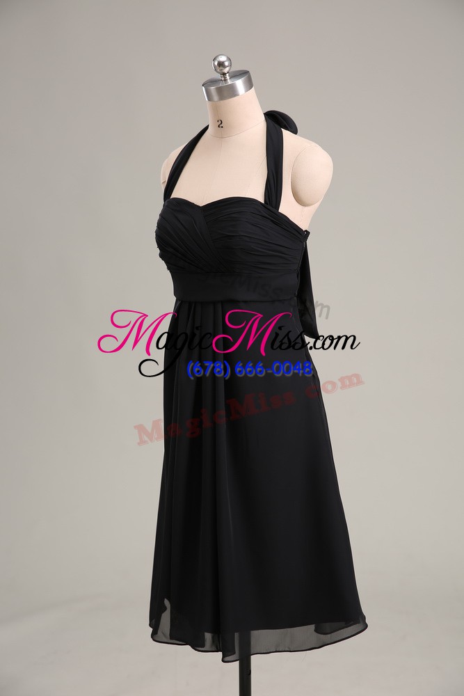 wholesale extravagant chiffon halter top sleeveless zipper ruching evening dress in black