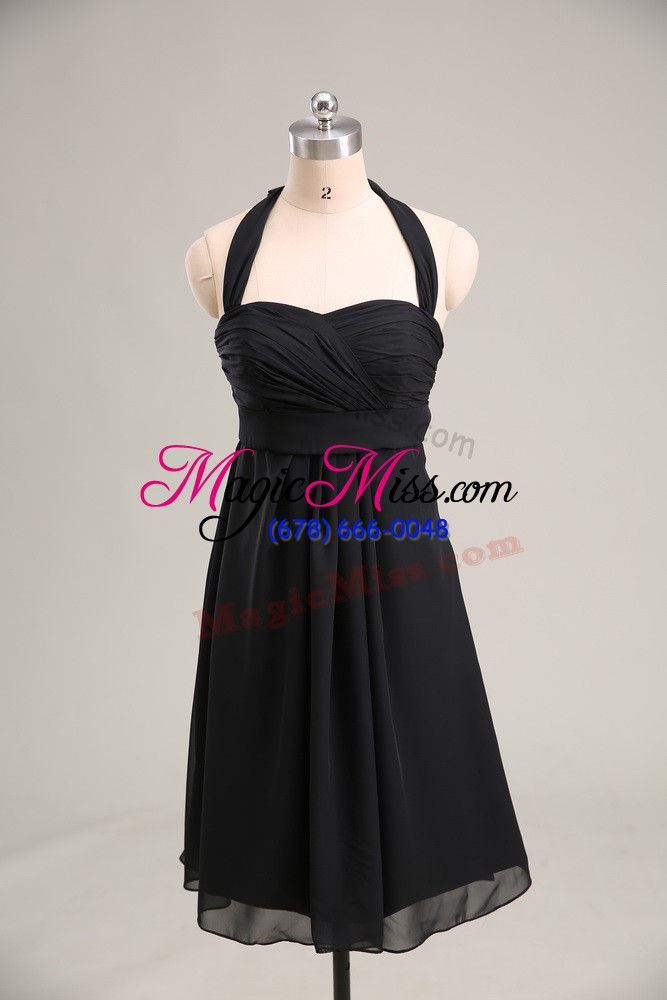 wholesale extravagant chiffon halter top sleeveless zipper ruching evening dress in black