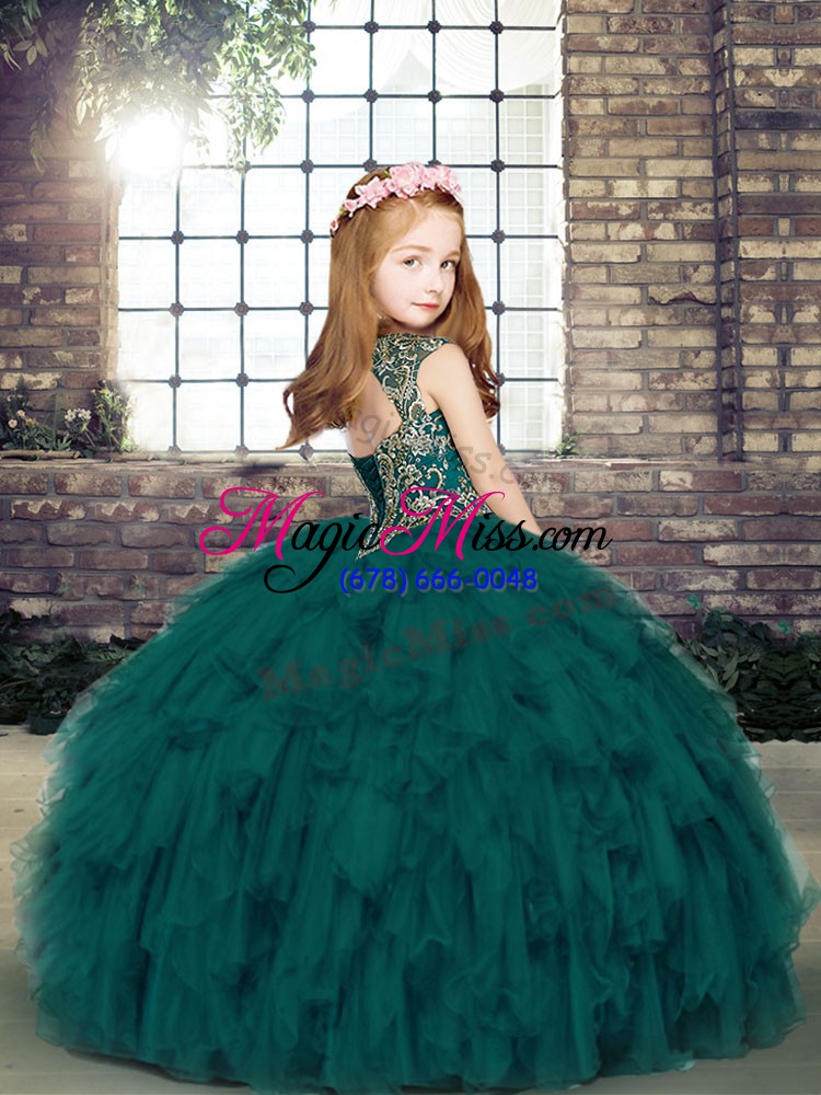 wholesale sweet straps sleeveless little girl pageant gowns floor length beading and ruffles navy blue