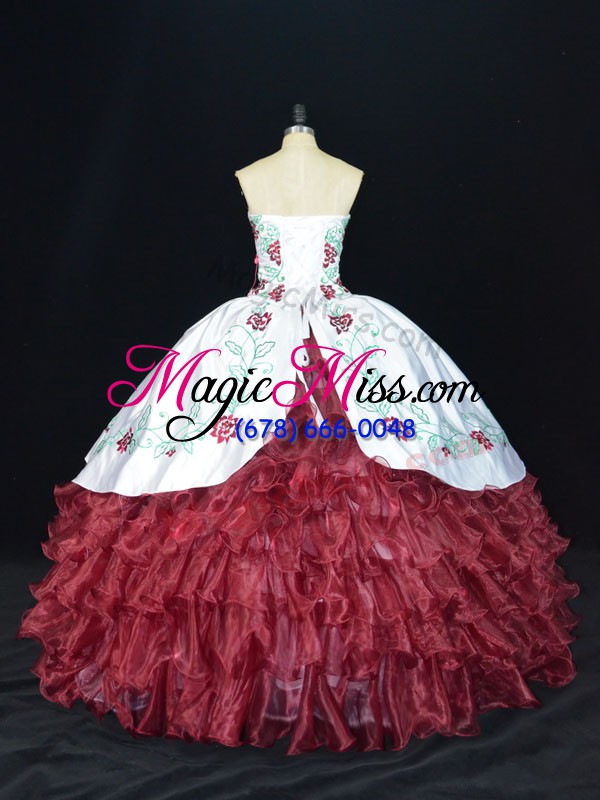 wholesale romantic burgundy organza lace up sweetheart sleeveless floor length sweet 16 dress embroidery and ruffles