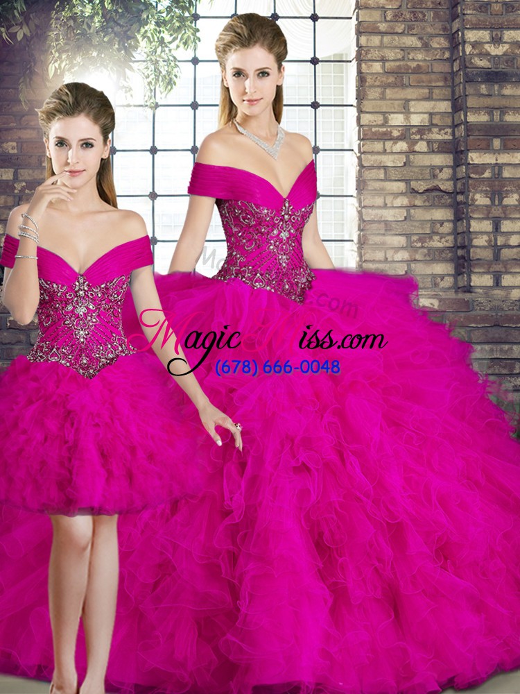 wholesale off the shoulder sleeveless 15th birthday dress floor length beading and ruffles fuchsia tulle