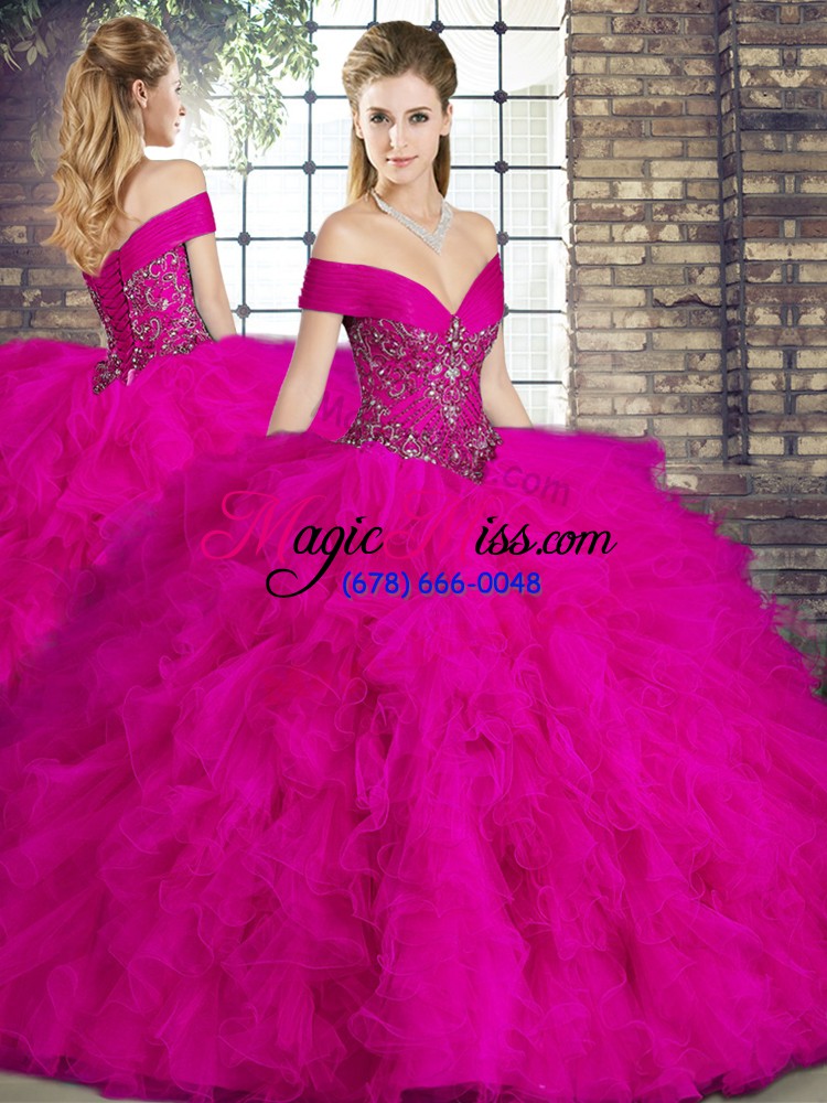 wholesale off the shoulder sleeveless 15th birthday dress floor length beading and ruffles fuchsia tulle