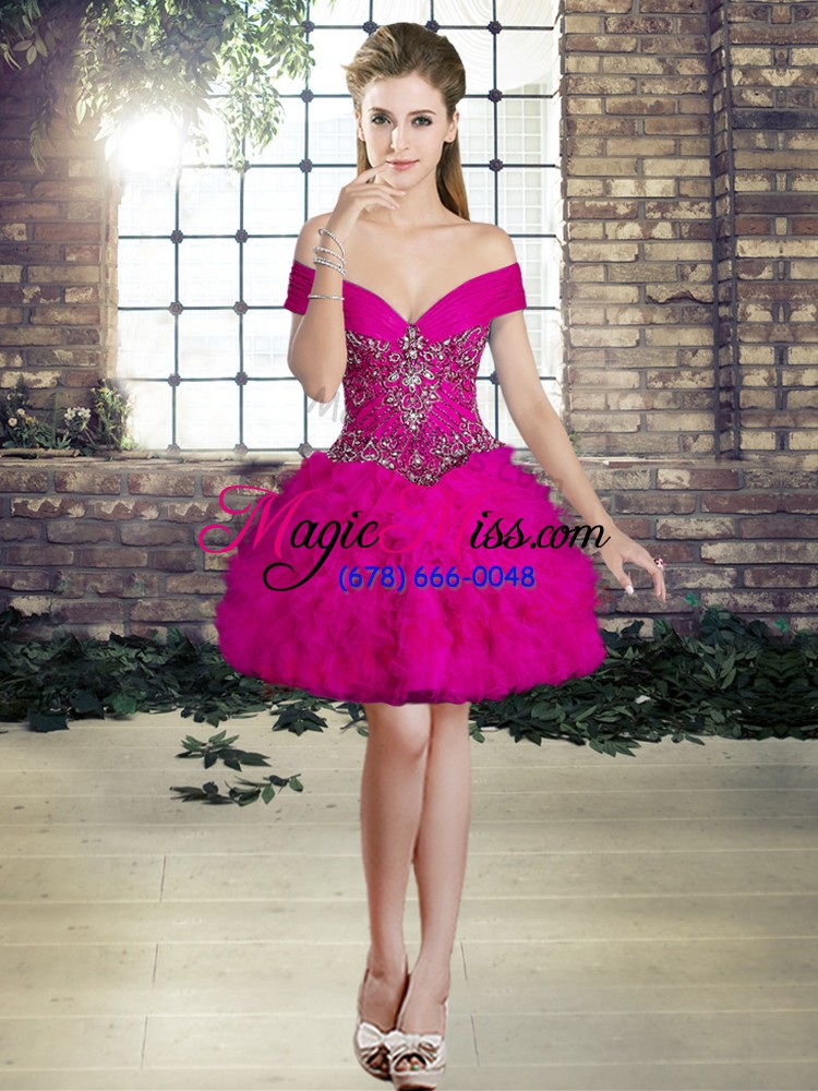 wholesale off the shoulder sleeveless 15th birthday dress floor length beading and ruffles fuchsia tulle