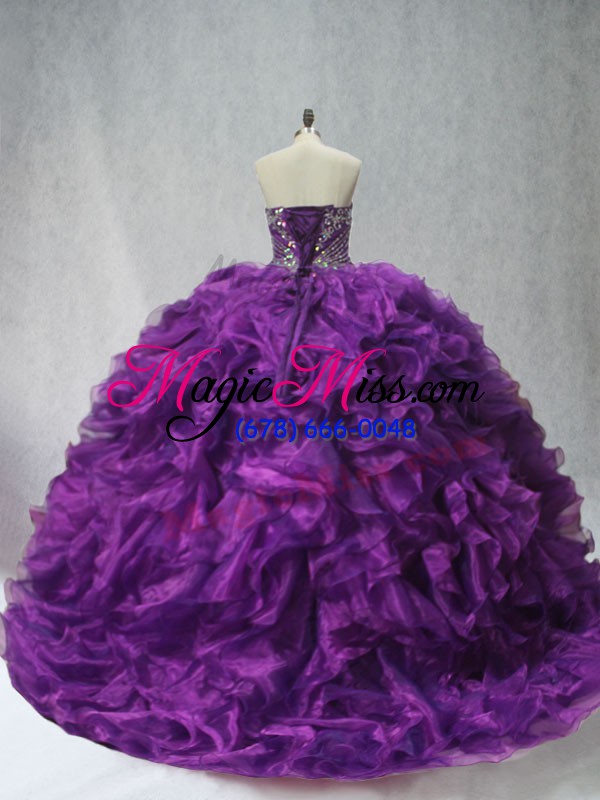 wholesale shining purple lace up sweet 16 dresses beading and ruffles sleeveless brush train