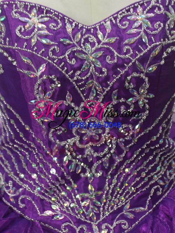 wholesale shining purple lace up sweet 16 dresses beading and ruffles sleeveless brush train