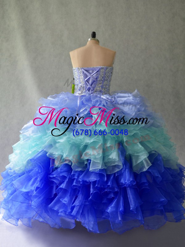 wholesale popular multi-color organza lace up sweetheart sleeveless floor length 15th birthday dress beading and ruffles