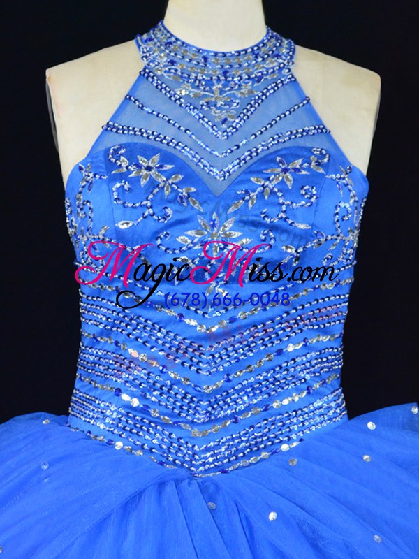 wholesale blue halter top neckline beading quinceanera dresses sleeveless lace up