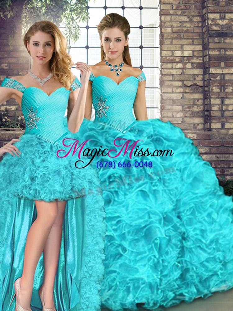 wholesale sleeveless floor length beading and ruffles lace up quince ball gowns with aqua blue