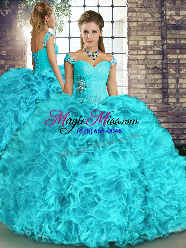 wholesale sleeveless floor length beading and ruffles lace up quince ball gowns with aqua blue