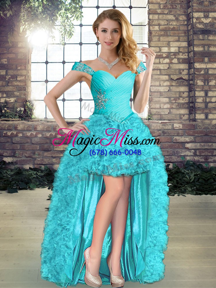 wholesale sleeveless floor length beading and ruffles lace up quince ball gowns with aqua blue