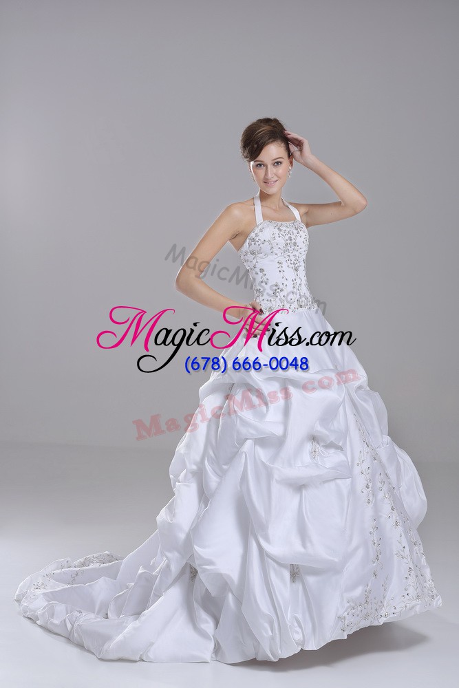 wholesale flare white wedding gown halter top sleeveless brush train lace up