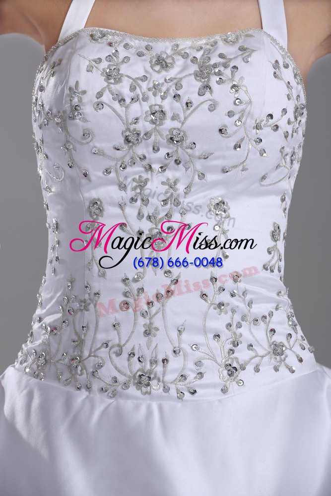 wholesale flare white wedding gown halter top sleeveless brush train lace up