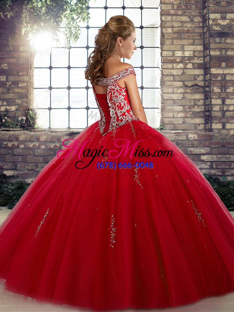 wholesale customized orange red off the shoulder lace up beading sweet 16 dress sleeveless