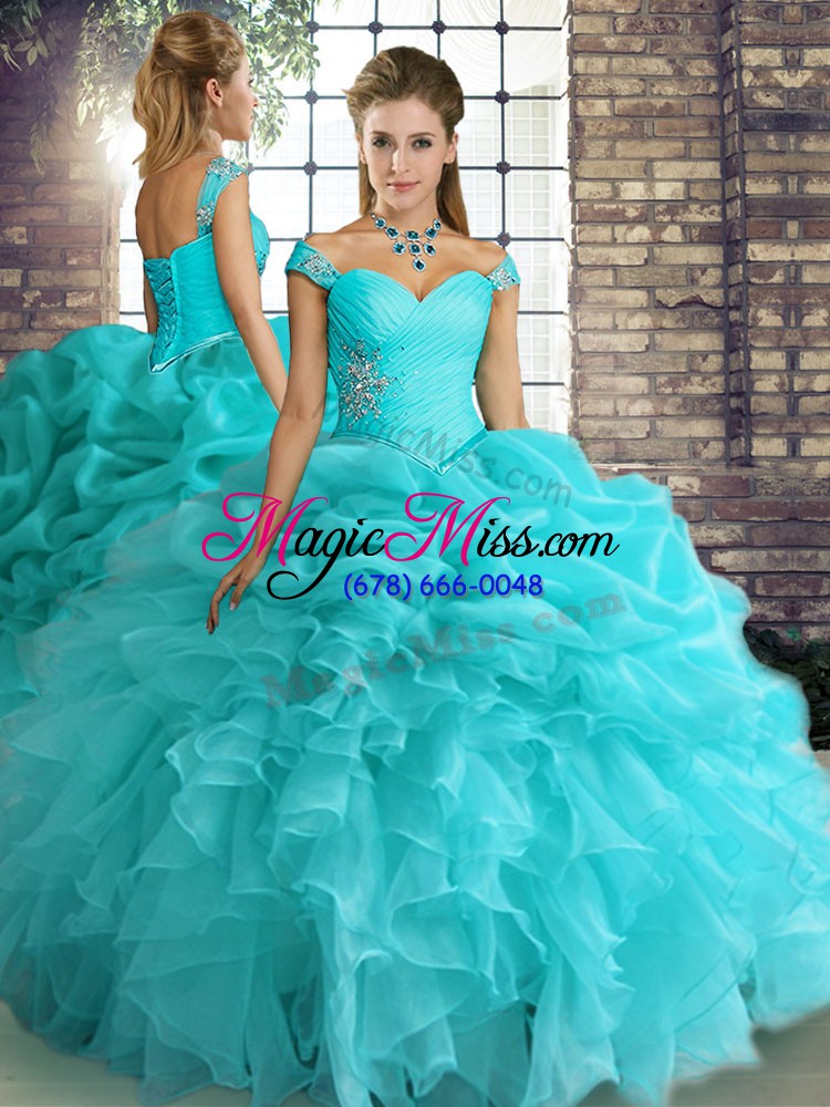 wholesale aqua blue organza lace up off the shoulder sleeveless floor length quinceanera dresses beading and ruffles and pick ups