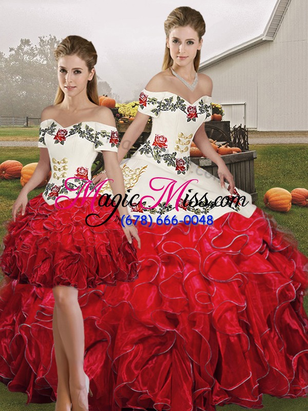 wholesale white and red three pieces embroidery and ruffles vestidos de quinceanera lace up organza sleeveless floor length