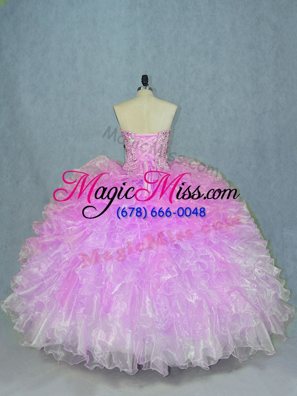 wholesale multi-color organza lace up quince ball gowns sleeveless floor length beading and ruffles