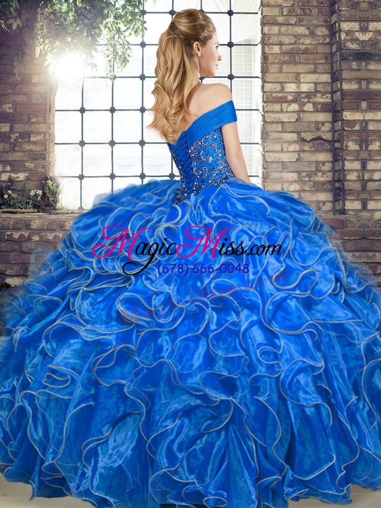 wholesale nice off the shoulder sleeveless 15th birthday dress floor length beading and ruffles organza