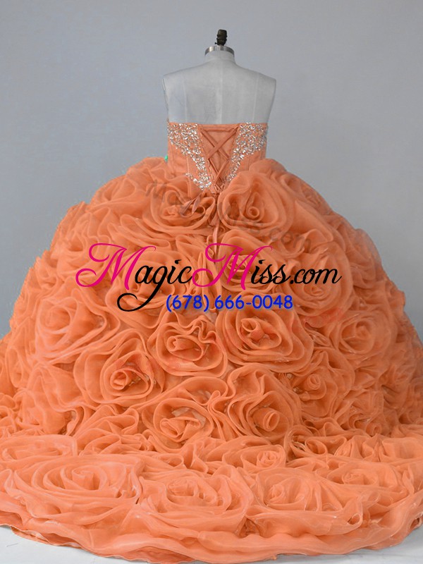 wholesale sweetheart sleeveless brush train lace up quinceanera gown orange fabric with rolling flowers