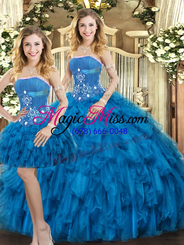 wholesale tulle sleeveless floor length quince ball gowns and beading and ruffles