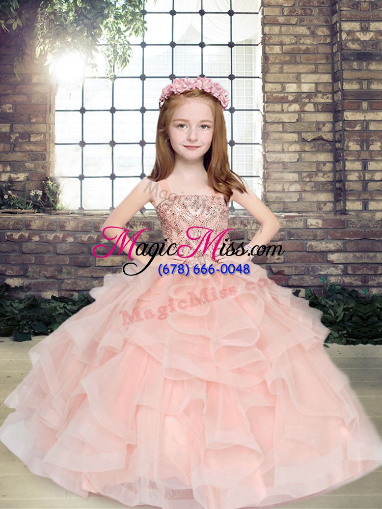 wholesale elegant floor length peach girls pageant dresses straps sleeveless lace up