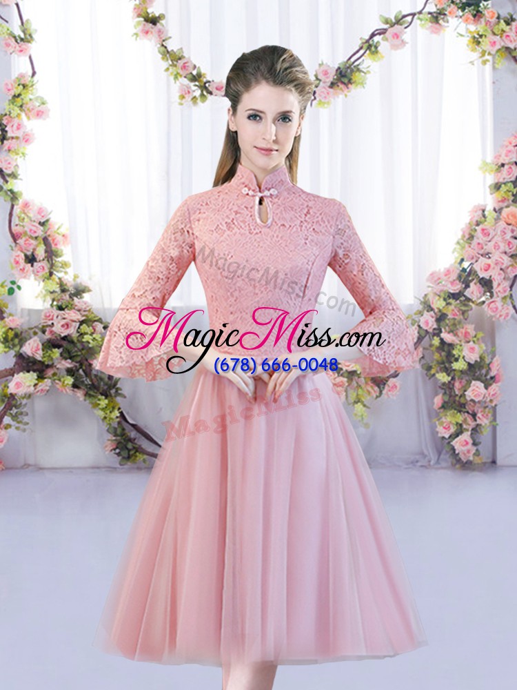 wholesale pink zipper quinceanera court of honor dress lace 3 4 length sleeve tea length